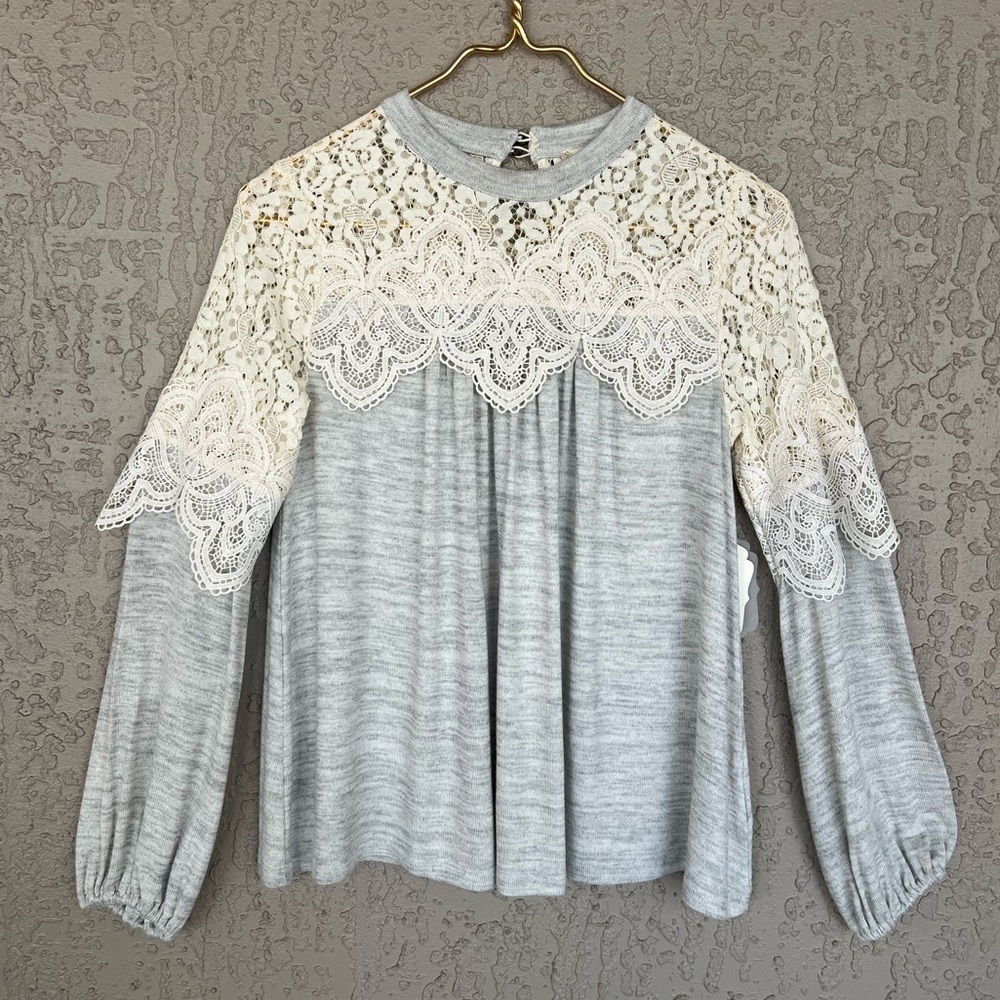 Altar’d State Lace Yoke Long Sleeve Knit Top Keyhole Back NWT